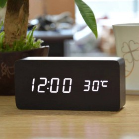 Led digital alarm clock with wood casing black USB 4xAAA